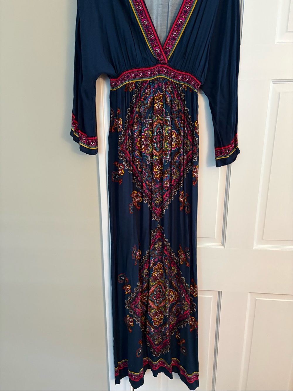 Flying Tomato Long Navy Maxi Dress with Embroidery Print